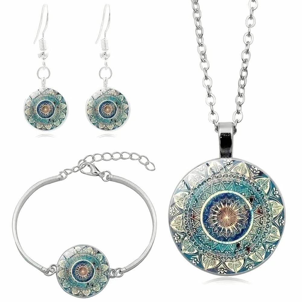 Mandala flower time gemstone necklace, bracelet‎ & earrings  set, glass pendant